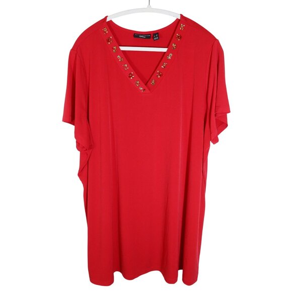 SUSAN GRAVER Artisan Liquid Knit Jeweled V Neck Tunic Top 3X Red Short Sleeve - Picture 1 of 7